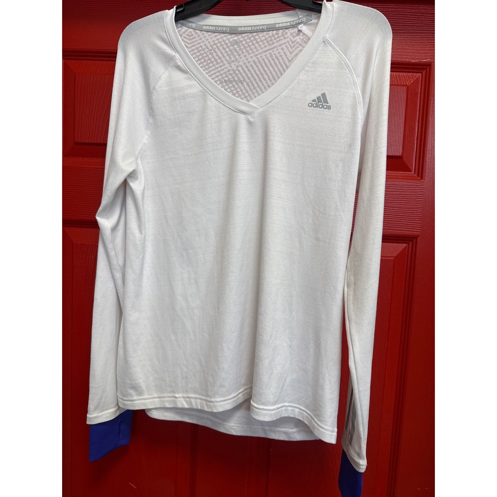 Adidas Running Supernova White V-Neck Long Sleeve Shirt Blue Cuffs Thumbholes